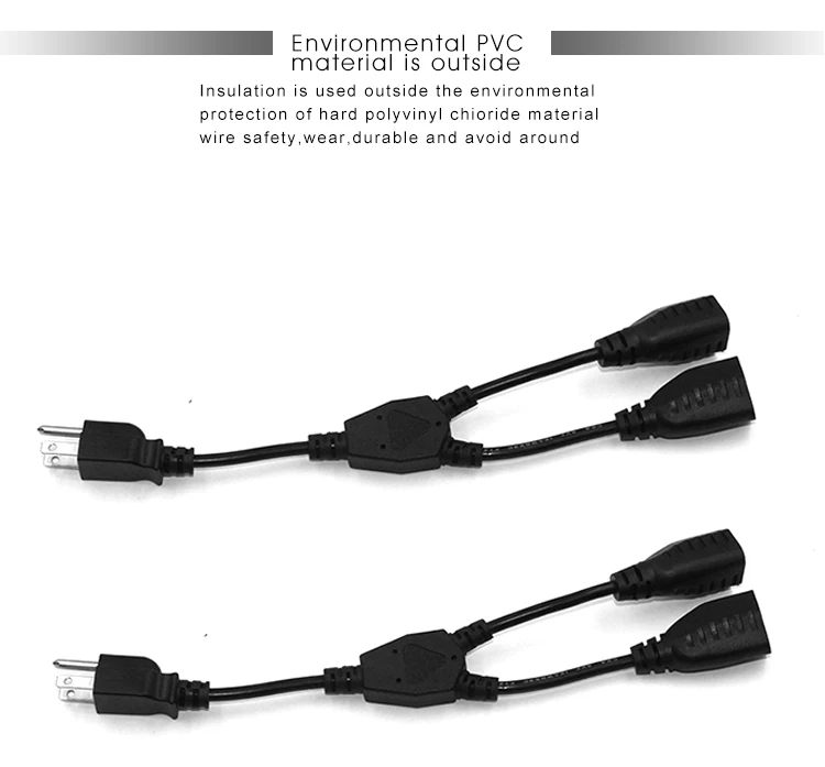 ac extension Cable PVC black us male to female Nema5-15P splitter y type power cord 11
