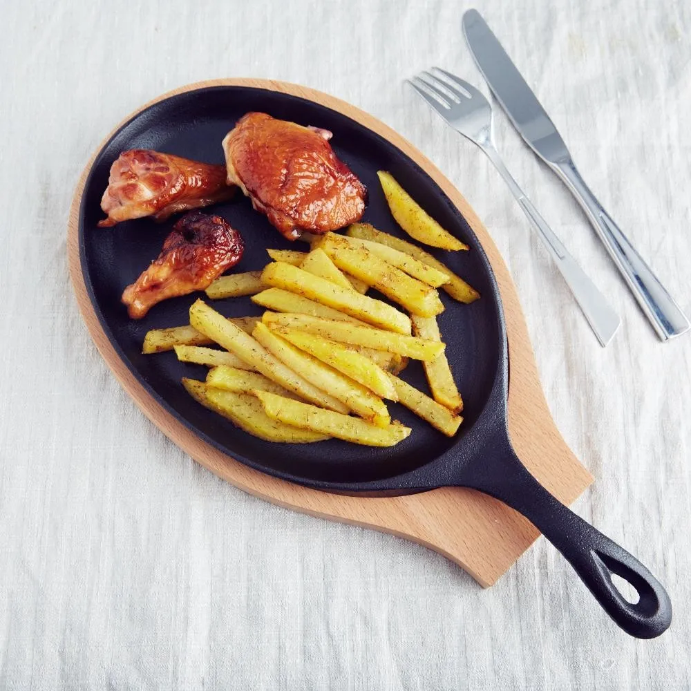 Овальная чугунная тарелка Fajita для запекания сковородок с деревянной основой