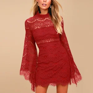 Sexy Wine Red Sheer Lace High  Neck  Bell  Long Sleeve Party  Dresses Women
