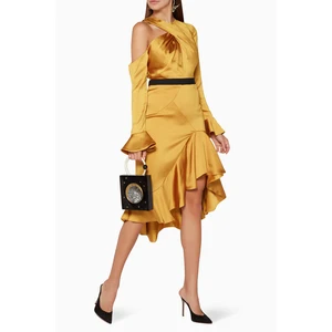 Lady one-shoulder dress trumpet sleeves asymmetric hem women dress casual yellow clothing