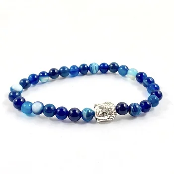 Wholesale Handmade Gemstone 6mm Blue Banded Agate Bracelet With A Buddha Head Bead