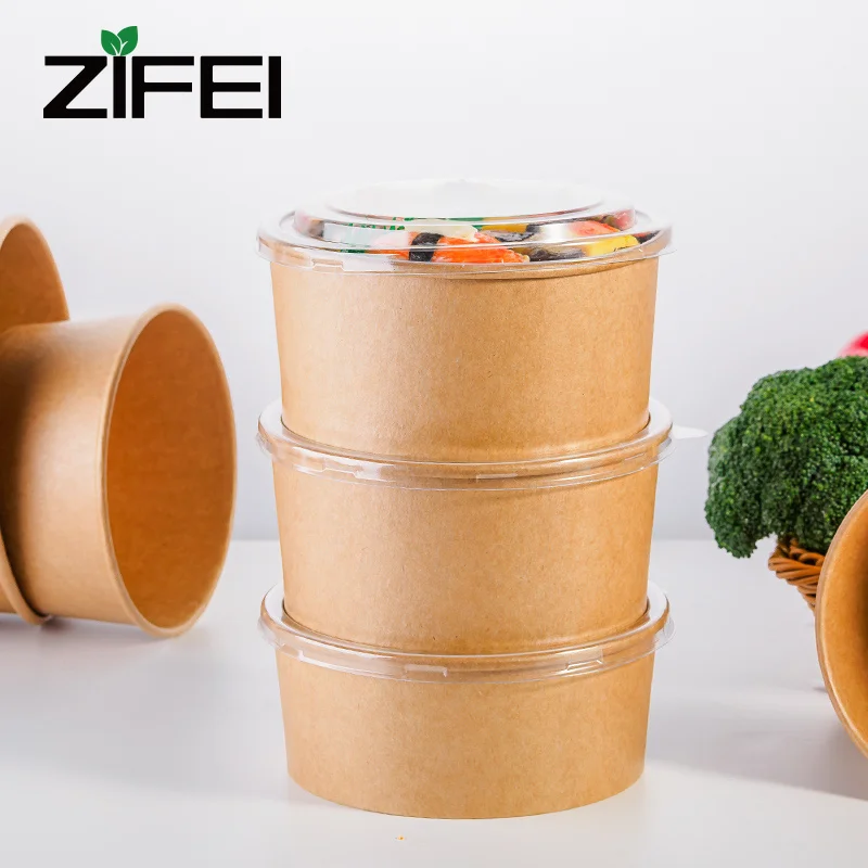 12oz 400ml Single Pe Coating Kraft Paper Salad Bowl With Lid , Eco Friendly