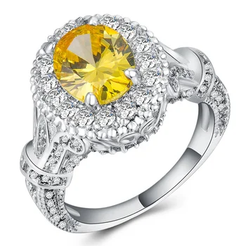 Caoshi Indian Topaz Jewelry Round Shape Cut Zircon Yellow Diamond Engagement Ring Women Yellow Sapphire Ring