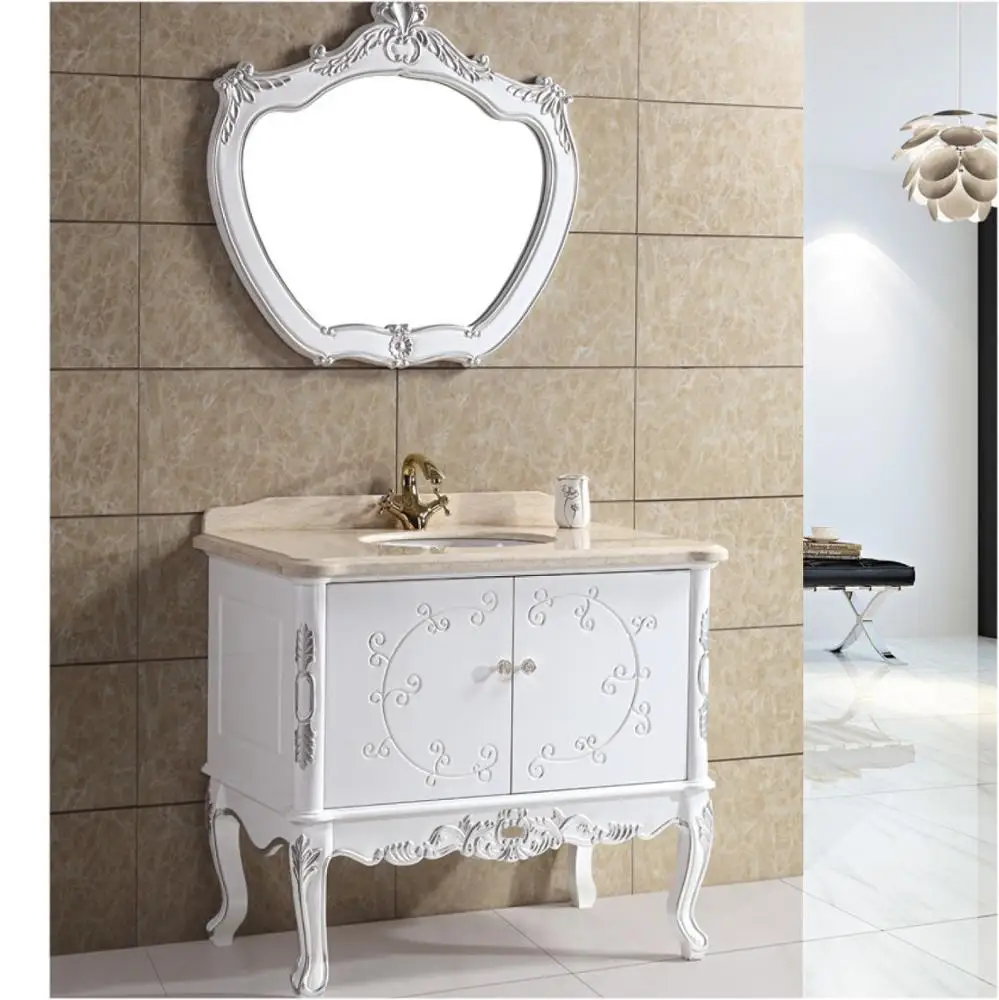 Pure White Floor Stand Bathroom Cabinet With Decorative Pattern