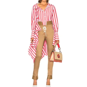 Autumn Stripe Print V-neck Long Sleeve Knee Length Shirt for Ladies