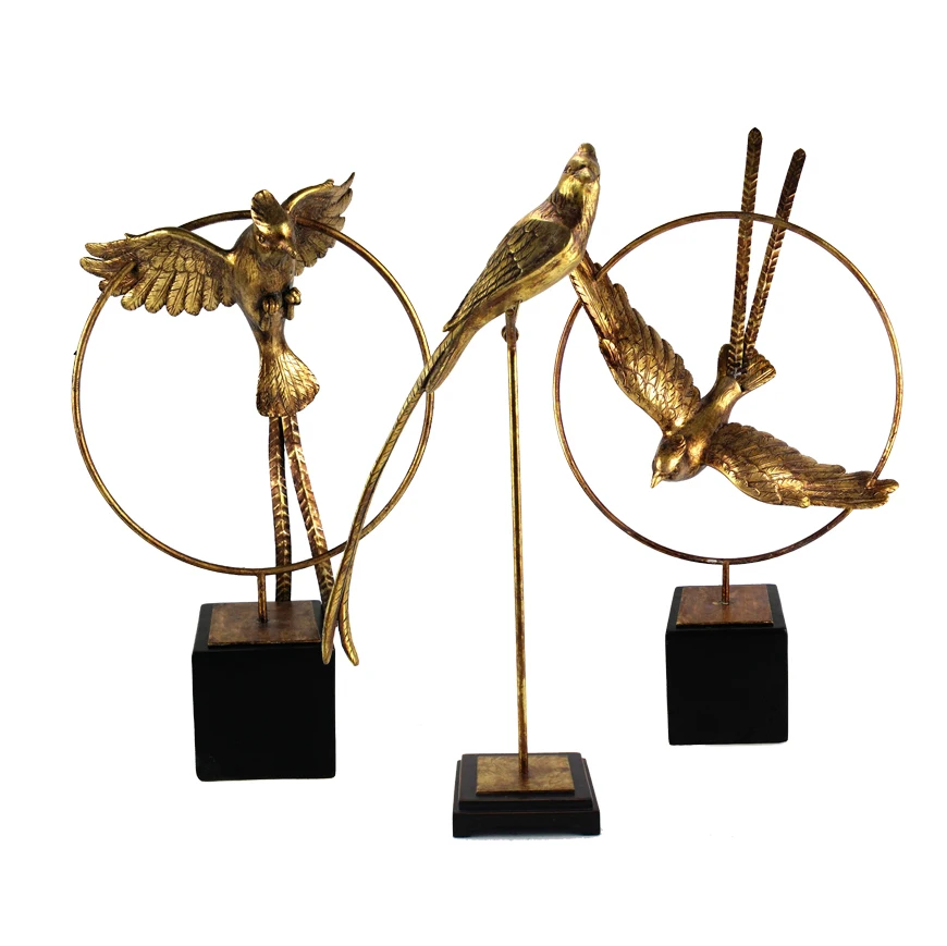 Resin Antique Gold Birds Sculpture with Resin Stand Home Decor Crafts