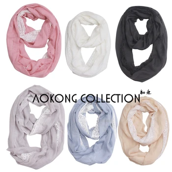 Fashion pretty 6 colors solid lace snood cotton blend lace infinity scarf