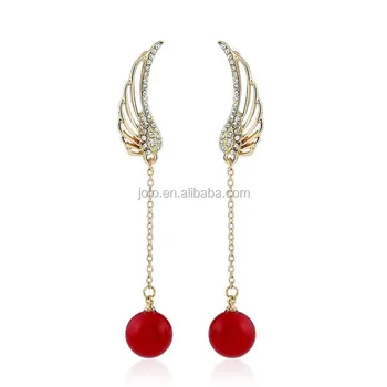Latest Fashion Gold Plated Crystal Hollow Angel Wings Dangle Earring with Pearl Jhumka Design Factory China