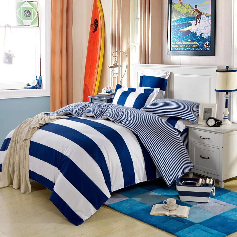 BLUE & WHITE STRIPED DOUBLE-DUVET QUILT COVER FITTED SHEET BEDDING SET 