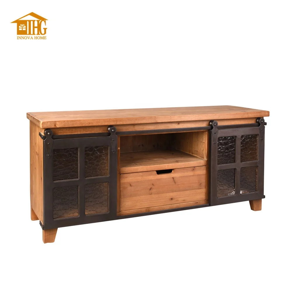 Accent Wooden Design TV Stand Cabinet Panel Wood Living Room Furniture with Metal Slid Barn Door for Home or Apartment