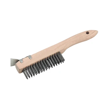 Wooden Handle Steel Wire Brush 4X16 Rows Stainless Steel Straight Black Wire Scratch Brush with Mini Scraper for Cleaning
