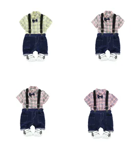 New Born Baby Clothes Sets Plaid Bow Tie Shirt with Black Bib Pants
