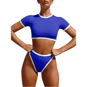 Bikini Manufacturer Custom-made Sports Style Swimsuit Two-color Hemmed Short-sleeved High-waisted Swimwear for Women