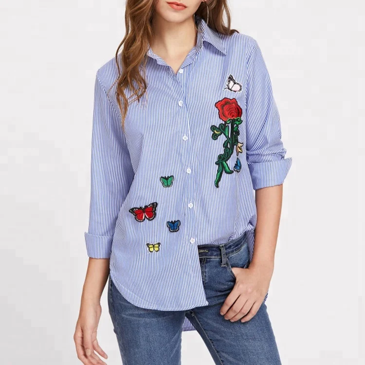 Blusa Con Bordados De Rayas Verticales Para Mujer - Buy Diseños Blusas De Trabajo De De Bordado Para Blusas,Blusa De Rayas Verticales Product on Alibaba.com