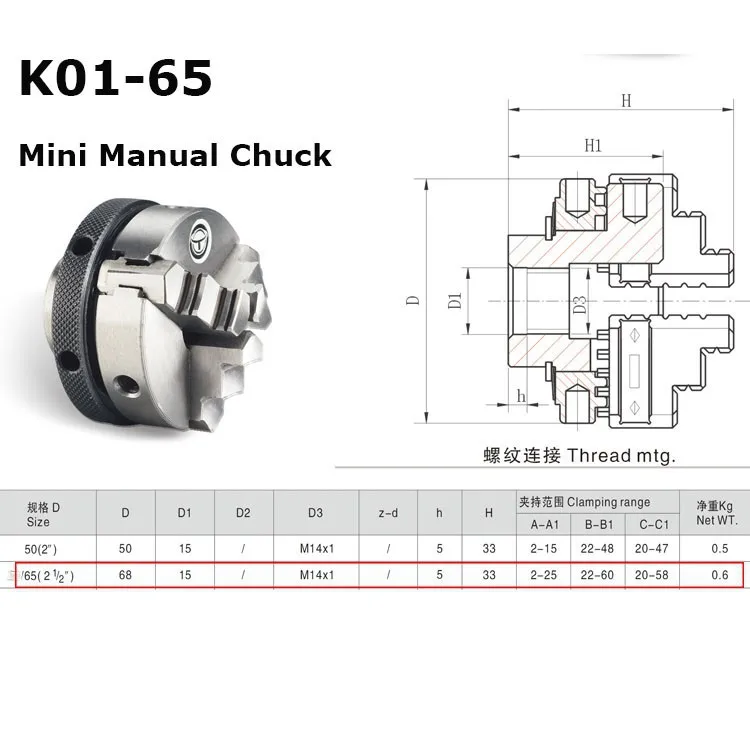 65 MM 3 Jaw Mini lathe Chuck Self Centering Chuck 65mm Dia M14 X 1 Unimat Thread 