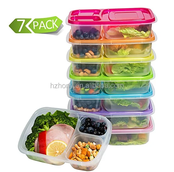 7 Pack Meal Prep 3 Compartment Portion Bento Lunch Box Food Container BPA Free 