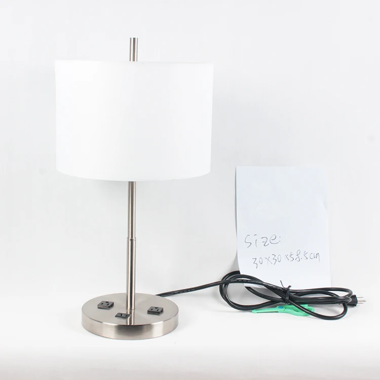 new modern hotel style table lamp with electric power outlet  USB charging desk lamp brushed nickel finish