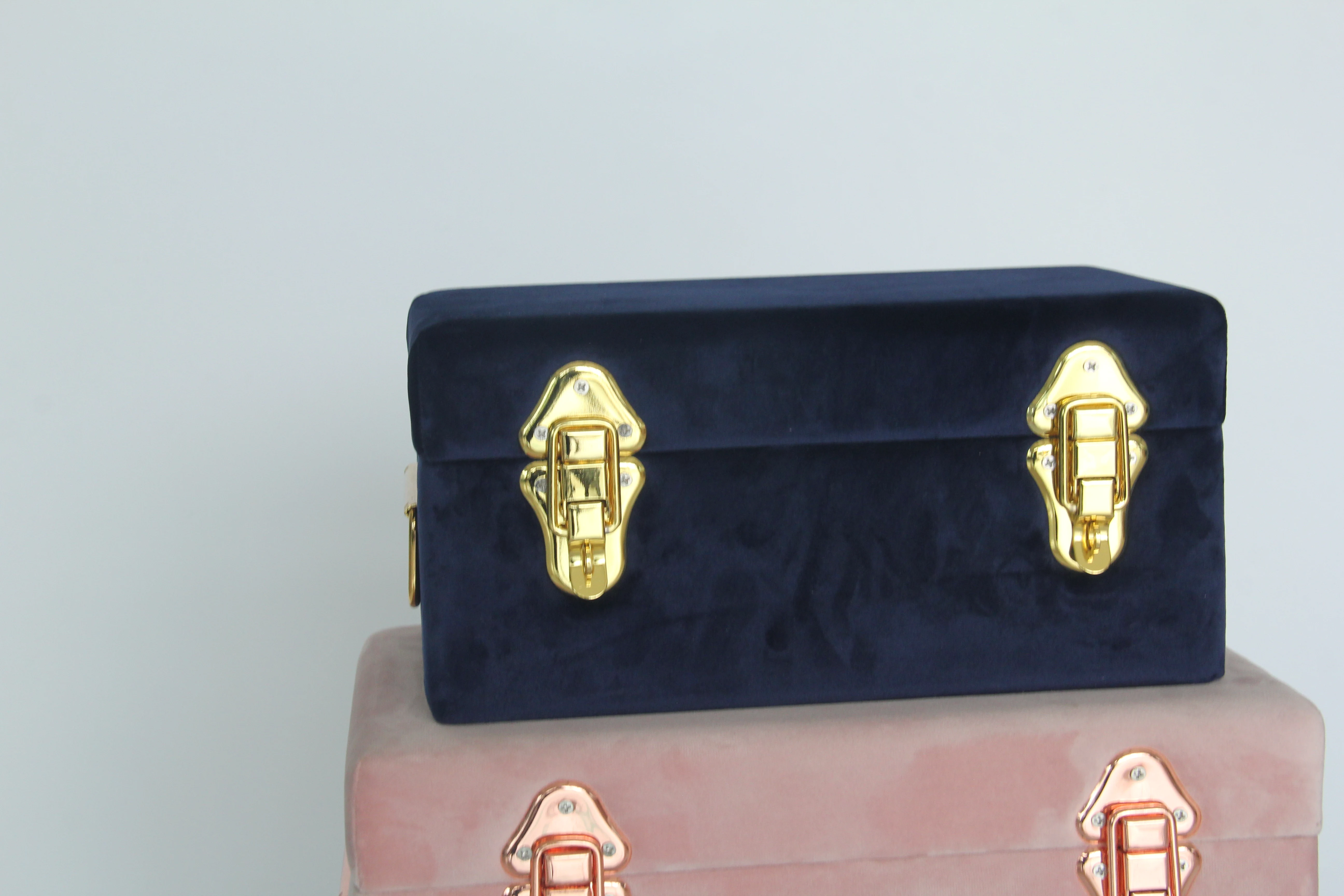 Set of 3 Velvet Trunk Box with Gold Accessories