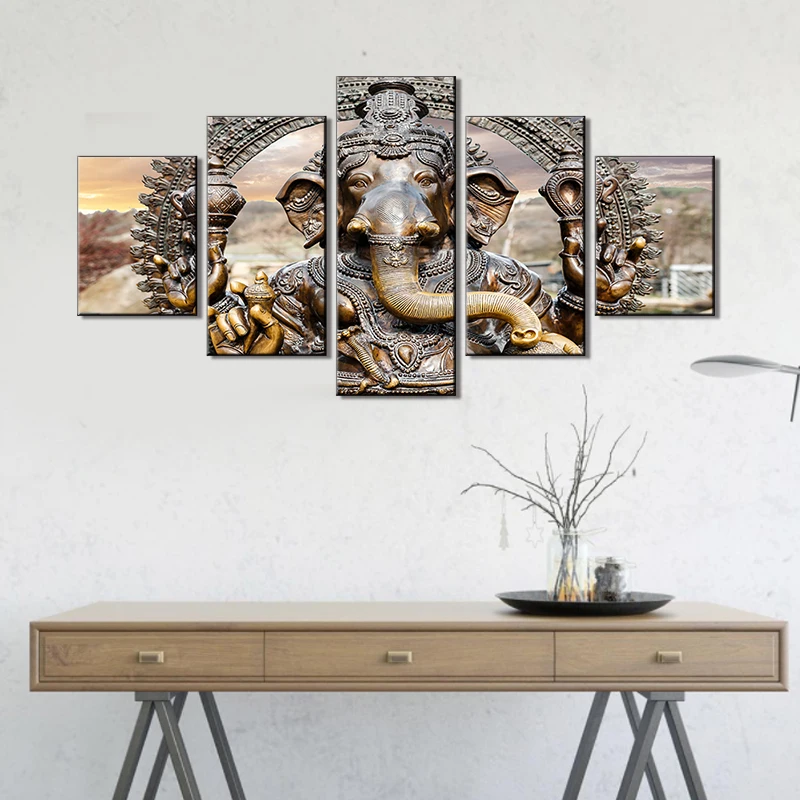 Modern 1 Set 3D 5 Panel 3D Hinduism Ganesha Canvas Acrylic Wall