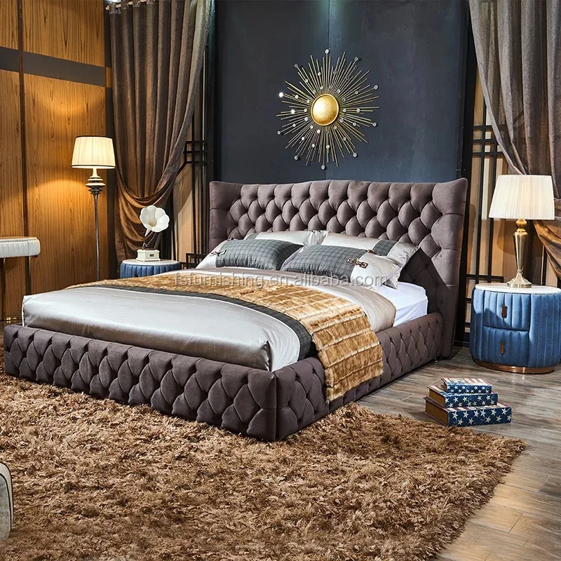FO228 Italian Bed Moder Upholstery Grey Velvet Bed Soft Victorian Bedroom Furniture Set/ Fabric Modern Bedroom Furniture