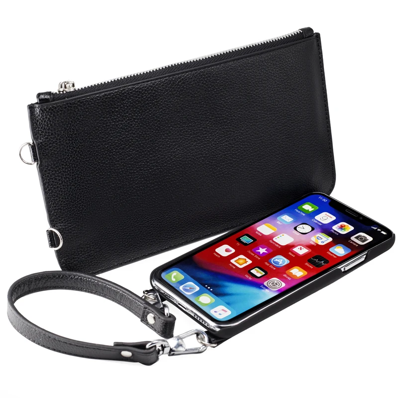 A zipper wallet two straps shoulder strap and hand strap luxury mobile cover phone case cross body phone case for iphone X/XS