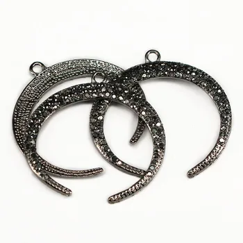 JF7215 Bling Jewelry Supplies Gunmetal Hematite Crystal Pave Crescent Moon Pendants for Jewelry making