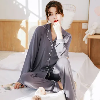 EXAMPLES wholesale Christmas Korean silk style Womens luxury solid color Sleepwear viscose bamboo cotton Pajamas