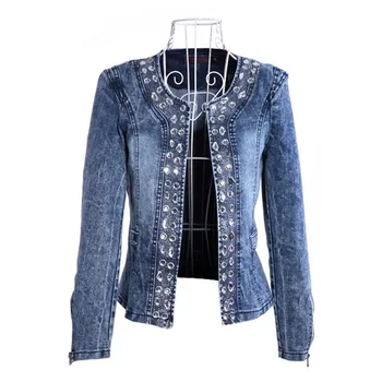 spring Autumn denim jackets vintage diamonds casual coat women's jeans jacket for outerwear female 4xl Y11345