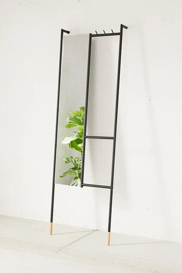 Large Metal Leaning Ladder Floor Full Dressing Mirror with Rack