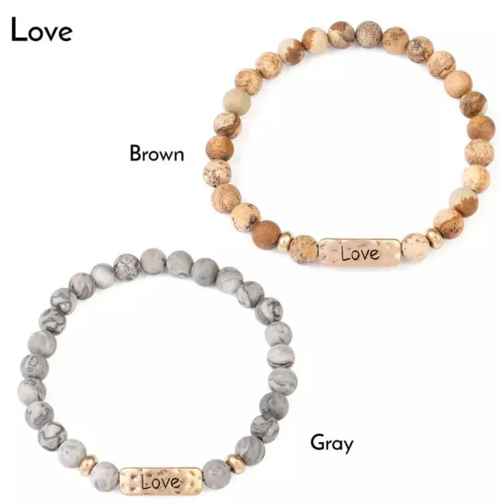 Hope Love Faith Blessed Stretch Metal Plate Engraved Message Stone Bead Bracelet