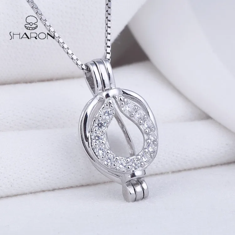 Crystal Heart Charm Pick Pearl 925 Sterling Silver Pearl Cage Necklace Pendant Locket Oval Shape Cage + Silver Plated Necklace + One White Pearl