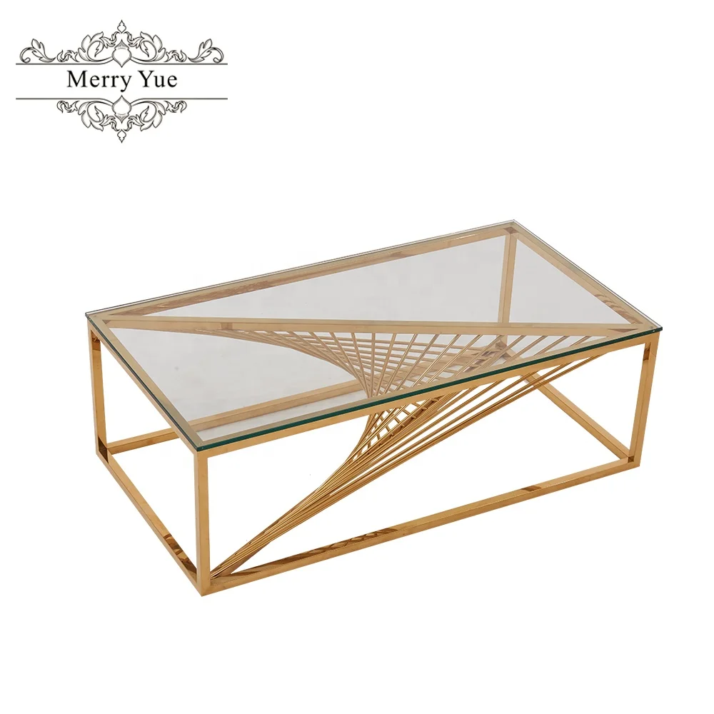 Simple Line Creative Design Living Room Center Tables Glass Top Gold Stainless Steel Base Commercial Wholesale Gold Coffee Table