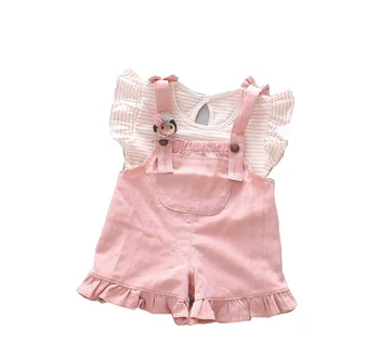 New Design Summer Boutique Children's Clothing Fly Sleeve and Bib Pants Set Cotton Baby Girls Toddler Clothes