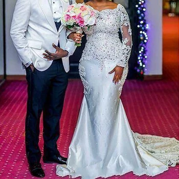 Brand Nigerian Mermaid Wedding dress Beaded Lace Appliqued Long Sleeves African Black Girl Bridal Gowns plus size wedding gown