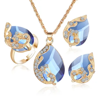 2019 Necklace Jewelry Set Cheap Wholesale Blue Crystal beads Gold dubai fashion jewelry for women