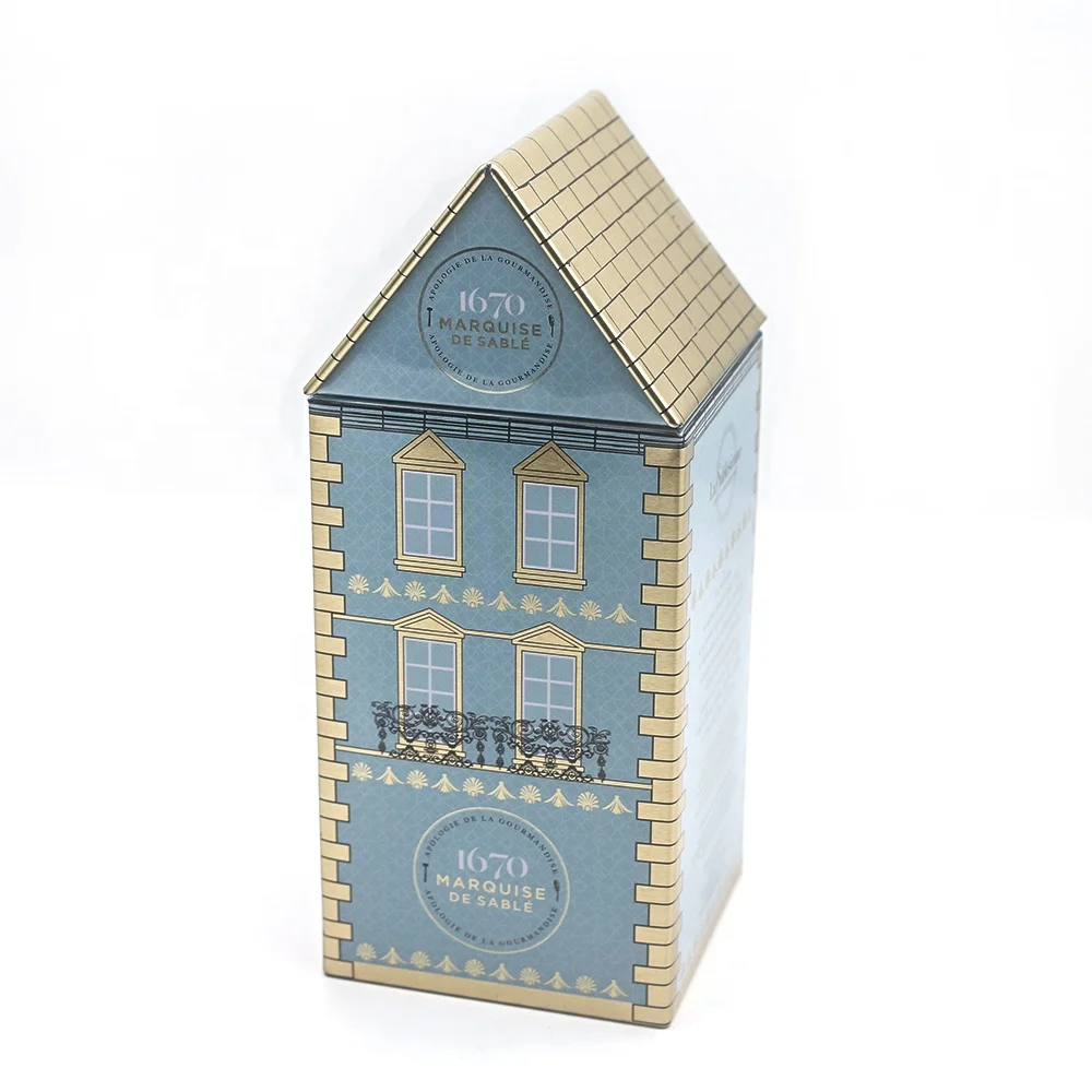 Dongguan high quality house shaped christmas decorative gift tin box