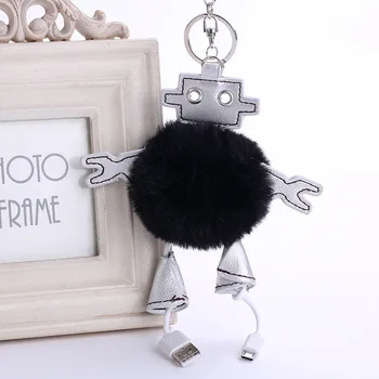 USB Robot Artificial Rabbit Fur Ball Keychain Keyring Pompom Handbag Pendant Car Key Chain Ring Holder