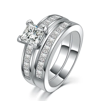 Wholesale fashion 2 in1 jewelry white gold big cz stonewedding ring band set for wife women R577-M