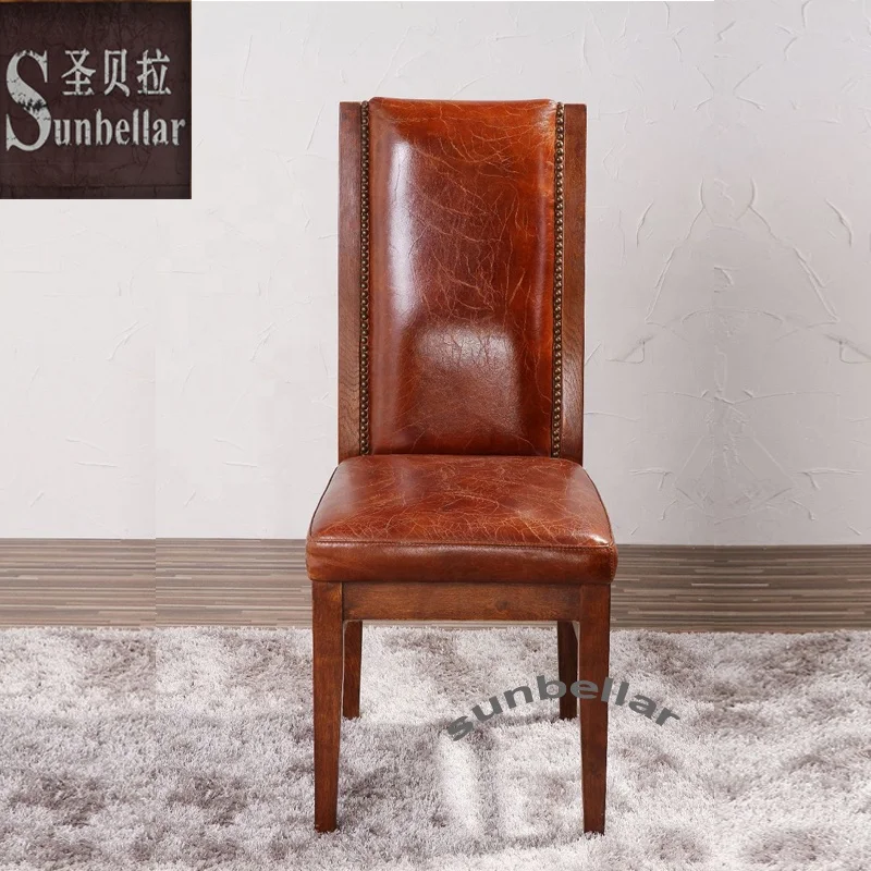 Wholesale Vintage Genuine Leather Distressed Brown Wooden Dining Chair Antique Brown Leather Chairs for Dining Room
