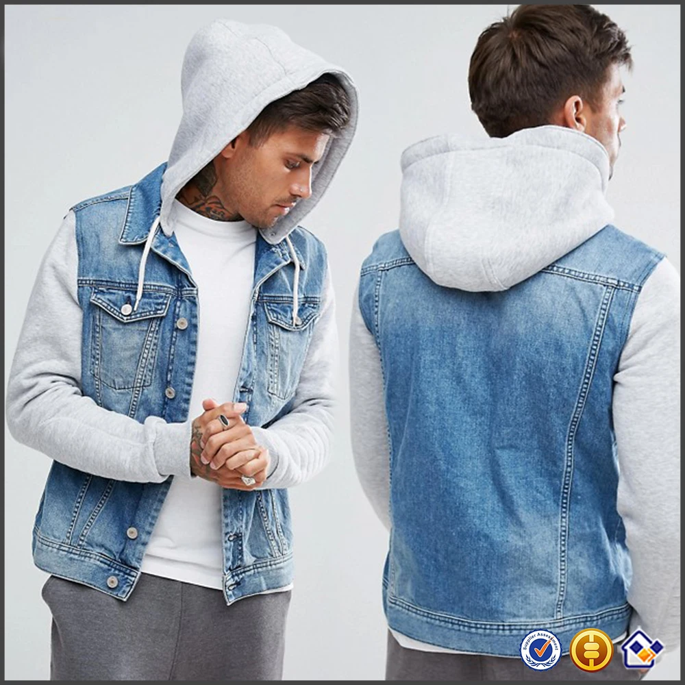 KY Cotton Spread Collar Button Placket Wholesale Denim Jacket Men With Jersey Sleeves Hood