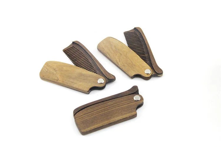 QS Brand Popular Private Label Mini Sandalwood Pocket Switch Blade Folding Wooden Beard Comb