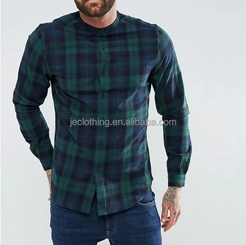 Grandad Collar 100% Cotton Checked Shirt Custom Mens Flannel Shirt