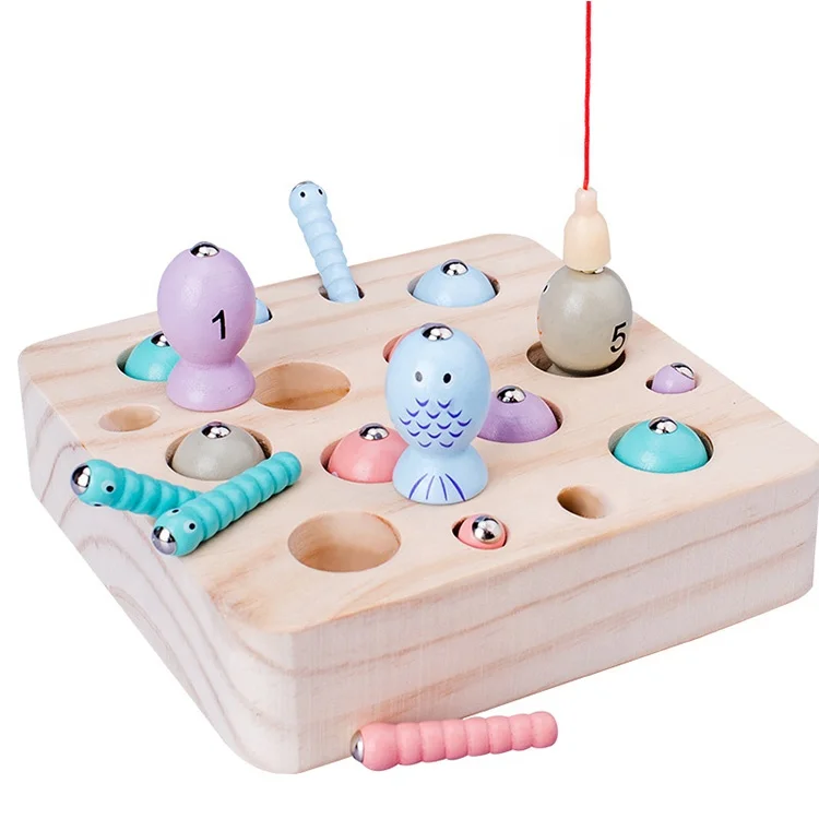 Jouets de simulation en bois magnétique pour attraper des insectes, jeu de pêche numérique pour enfants, jeu de pêche magnétique pour attraper des vers