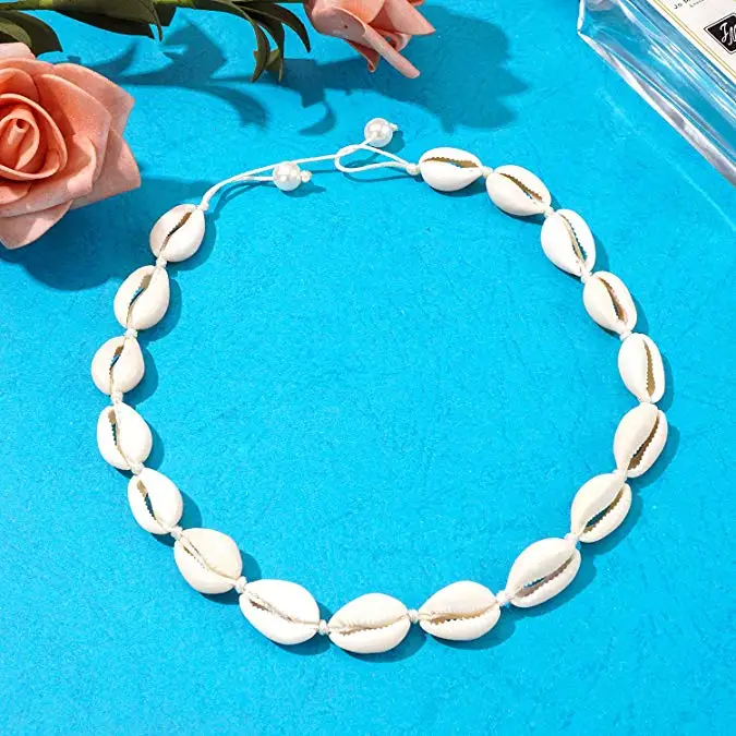 Seashell Necklace Statement Adjustable Seashell Cord Bib Collar Necklace Bracelets Set Boho Hawaiian Summer Beach Jewelry