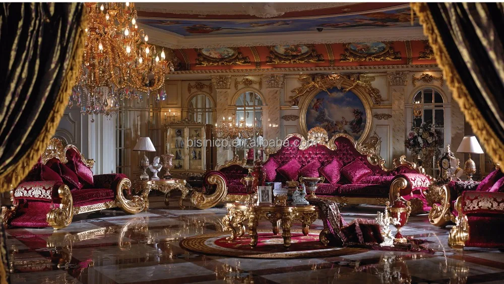 Exclusive Royal Imperial Gold Leaf Ornate Purplish Red Velvet Upholstered Classic Kings Size Couch Sofa for Villa Grand Hall