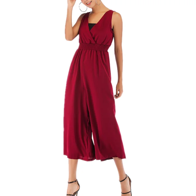 Новый стиль V образным вырезом обхват талии-плотный комбинезон с девятью кнопками длина широкие брюки для женщин шифон Комбинезоны