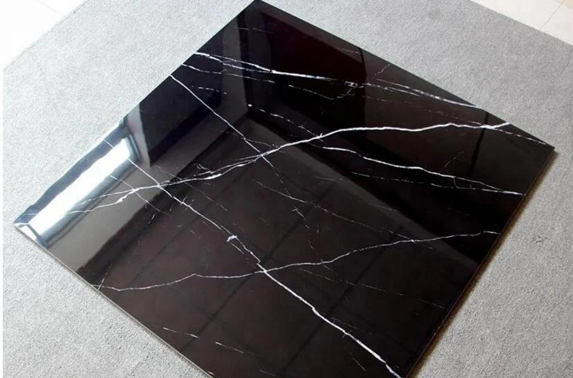 Modern Nero Marquina Marble Look Super Black Polished Vitrified Tiles with Firebrick Function for Interior Villa Use 800x800mm
