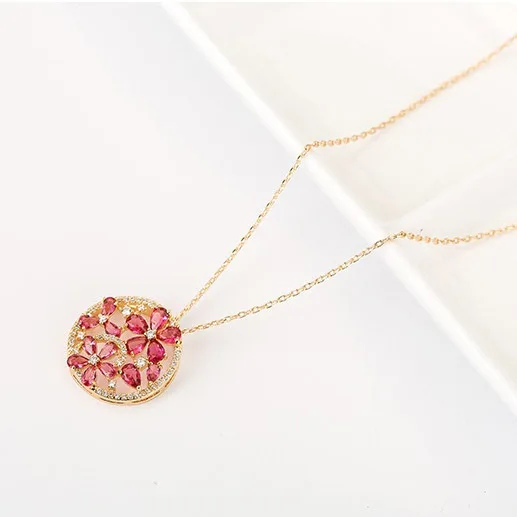 LUOTEEMI Tiny Teardrop Cubic Zirconia Diamond Gold Plated Ruby Flower Round Pendant Women Necklace