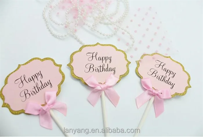 HAPPY BIRTHDAY CAKE PICK TOPPER DECORATION GLITTERED SPARKLY BLUE PINK PAPER PICKS