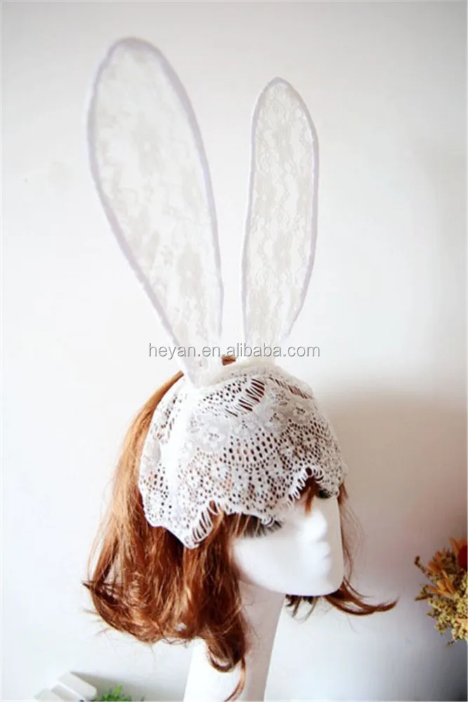 ? Lovely White Floral Flower Lace Veil Bunny Ear Sexy Headress ? White Bunny Ear Headband: Lace & Felt Flower Crown - Etsy main image 3